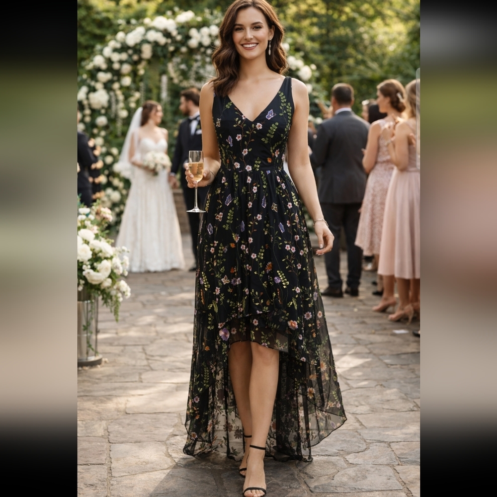 Absolutely beautiful Adrianna Papell high low gown embroidered floral size 4